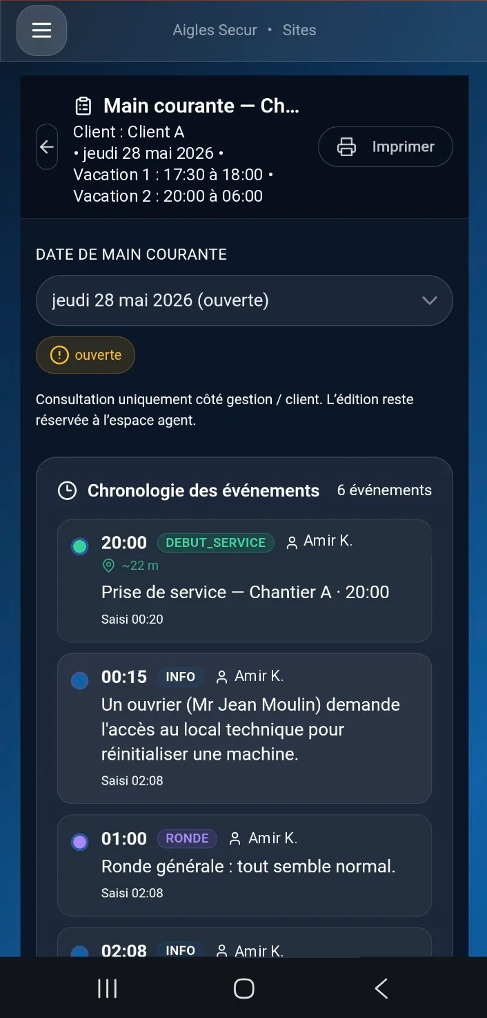 Interface client Opsinco — consultation des missions en temps réel